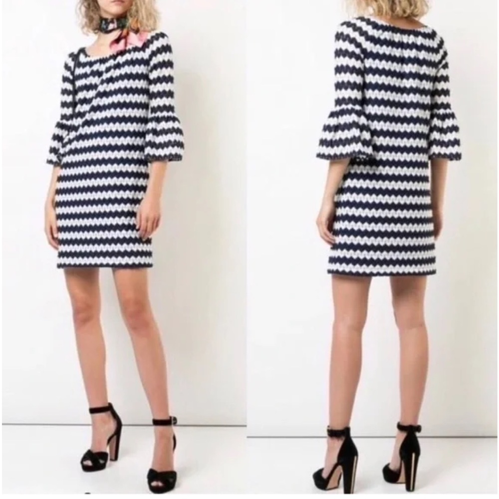 Trina Turk Optic Geo-Print Sheath Dress M Navy and White Wedding Guest Dress